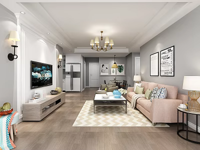 Modern Living Room Interior With Pink Sofa Coffee Table Geometric Rug Chandelier And Framed Art 3d model