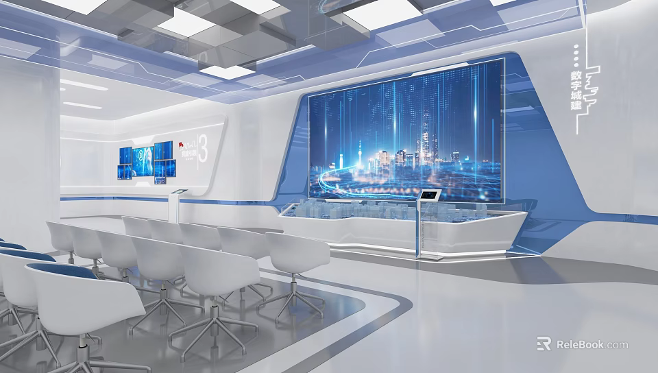 Modern Exhibition Hall Interior With Large Digital Screen And White Seating Furniture 3d model 