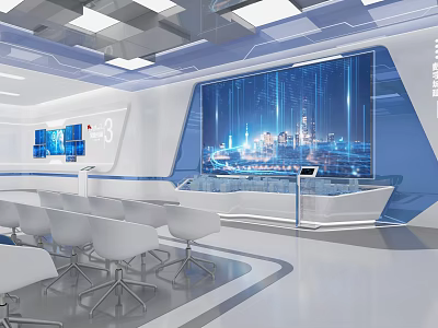 Modern Exhibition Hall Interior With Large Digital Screen And White Seating Furniture 3d model