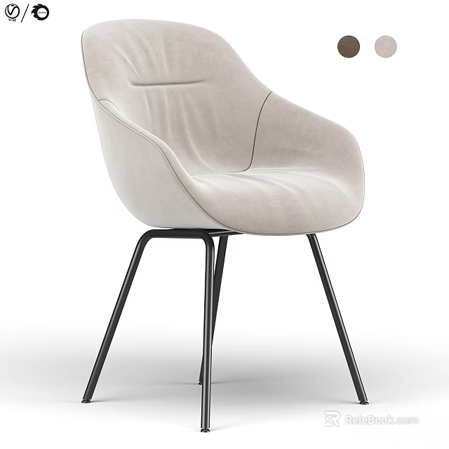 Modern Beige Fabric Single Chair With Curved Back And Black Metal Slim Legs 3d model 