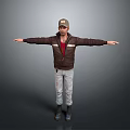Man Wearing Cap Brown Jacket Red Undershirt Light Jeans And Boots Standing With Arms Outstretched