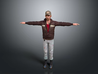 Man Wearing Cap Brown Jacket Red Undershirt Light Jeans And Boots Standing With Arms Outstretched 3d model