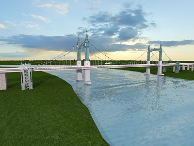 White Tower Bridge Spanning River With Green Grass And Cloudy Sky At Sunset 3d model