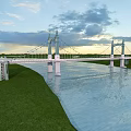 White Tower Bridge Spanning River With Green Grass And Cloudy Sky At Sunset 3d model