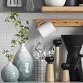 Variety Of Kitchenware Neatly On Open Shelves In Modern Kitchen