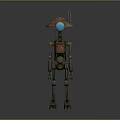 Metallic Robot With Large Hat Shaped Head Blue Sphere Antenna And Mechanical Limbs