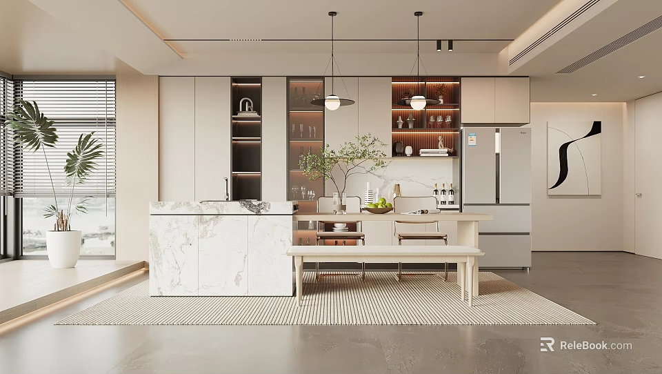 Modern Restaurant Interior Design With Dining Table Pendant Lights And Green Plants 3d model