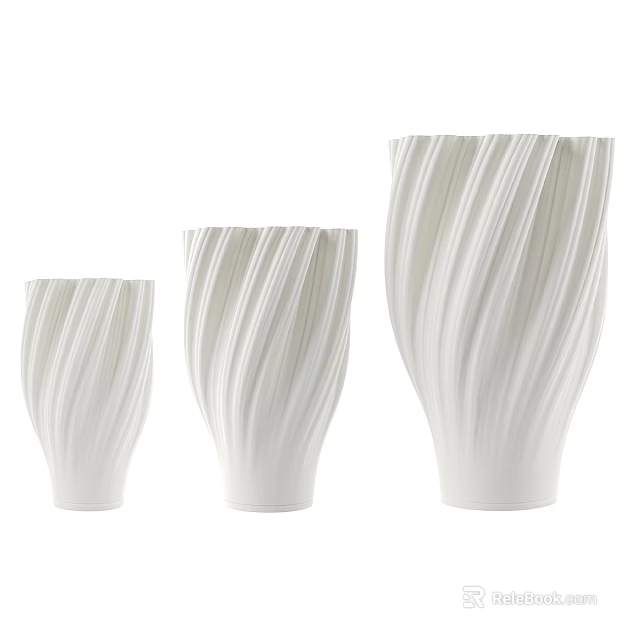 Elegant White Ceramic Vases with Wave Pattern in Different Sizes Set of Three 3d model 