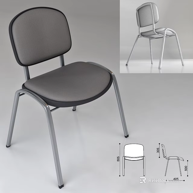 Gray Padded Office Chair With Metal Frame Modern Design And Structural Diagram 3d model 