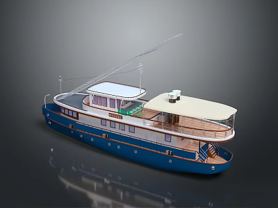 Blue Luxury Yacht With Upper Deck White Canopy Windows And Railings 3d model