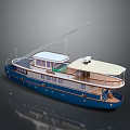 Blue Luxury Yacht With Upper Deck White Canopy Windows And Railings