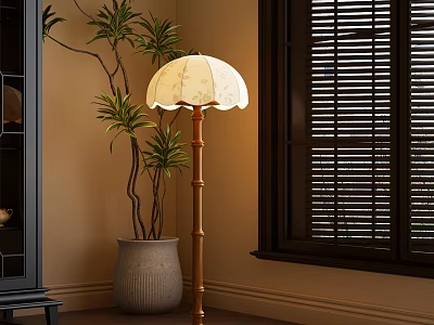 Elegant Floor Lamp With Fabric Shade And Wooden Pole Near Green Plant And Window Blinds 3d model
