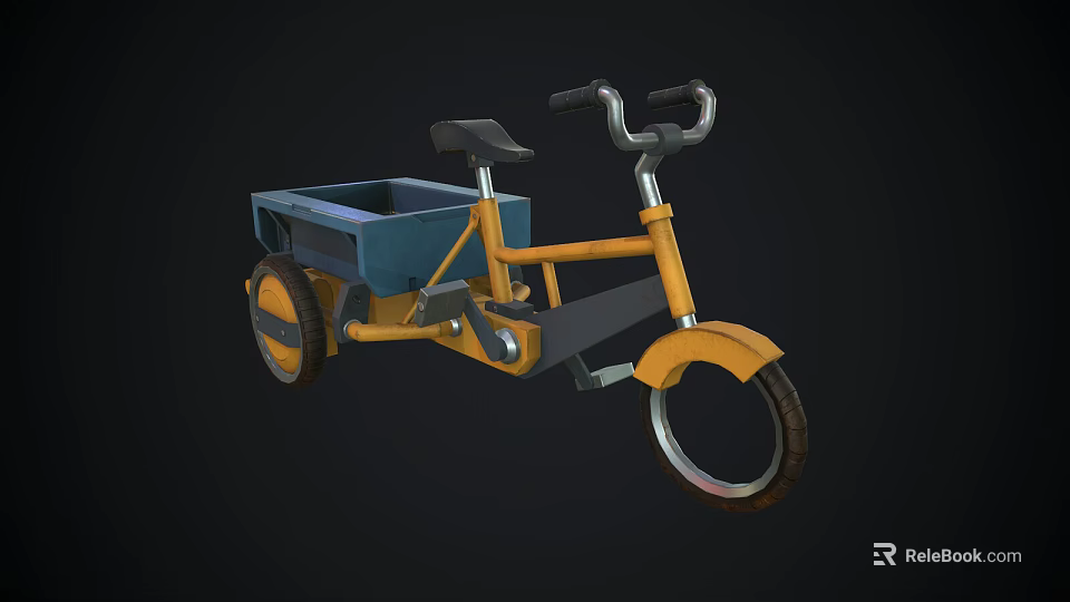 Kids Tricycle With Yellow Frame Blue Cargo Box Black Seat Handlebar And Wheels 3d model 
