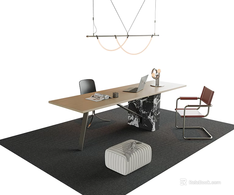 Modern Desk and Chair Set With Wooden Top Metal Legs Black Brown Chairs Pendant Light 3d model 