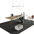 Modern Desk and Chair Set With Wooden Top Metal Legs Black Brown Chairs Pendant Light