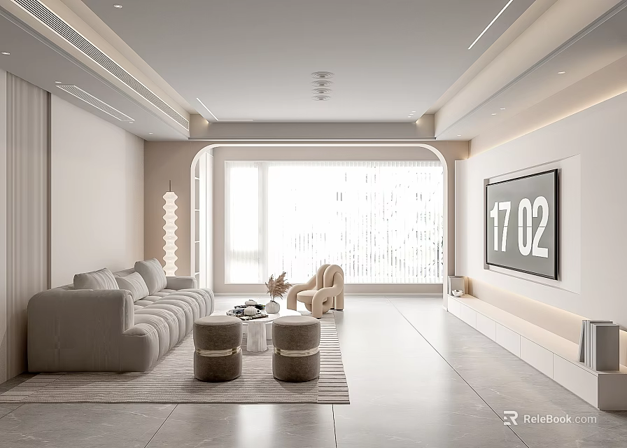 Modern Living Room Interior With Light Colored Sofa Coffee Table TV And Large Window 3d model 