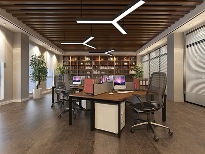Modern Public Office Space With Wooden Ceiling Hanging Lights Bookshelves Green Plants Desks And Computers 3d model