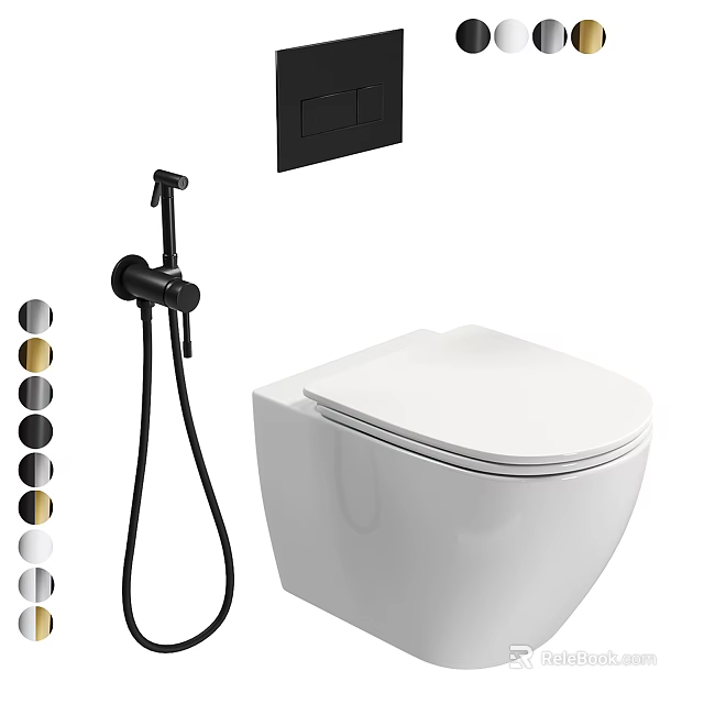 Modern White Ceramic Toilet With Black Bidet Sprayer And Multiple Color Options 3d model 