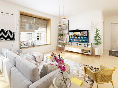 Modern Living Room Interior With Sofa Coffee Table TV Plant And Accent Chair 3d model