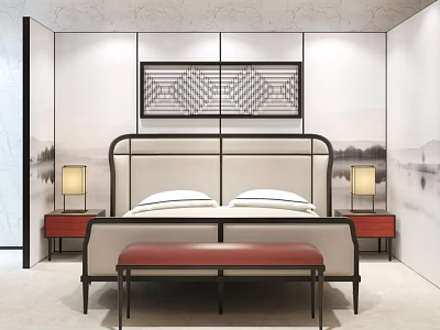 Double Bed in Background Modern Bedroom Interior With Wall Art Bedside Tables Lamps And Bench 3d model