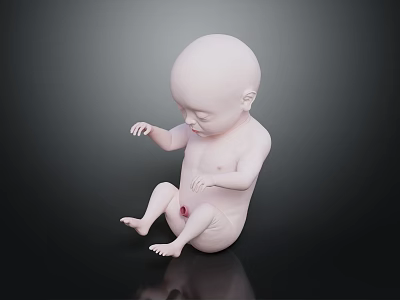 Realistic Sitting Baby 3D Render with Dark Background and Reflection Surface 3d model