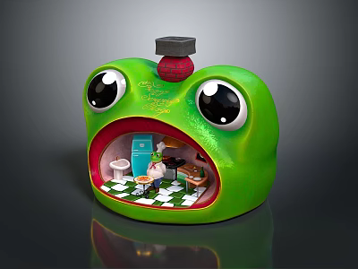 Green Frog Shaped Miniature Scenery With Interior Toilet Table Red Ball And Checkered Floor 3d model