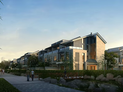 Row Of Modern Townhouses With Stone Facade Courtyard And Landscaped Greenery 3d model