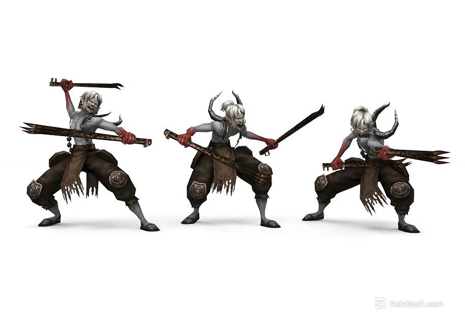 Horned Warrior Game Movie Character In Various Battle Poses With Swords 3d model 