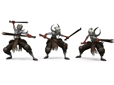 Horned Warrior Game Movie Character In Various Battle Poses With Swords 3d model