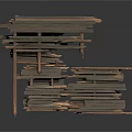 Broken Stacked Wooden Planks Structure With Copper Edges On White Background 3d model