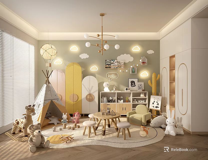 Kids Playroom Interior With Teepee Stuffed Animals Small Table Chairs Cloud Sun Decals And Bookshelf 3d model 