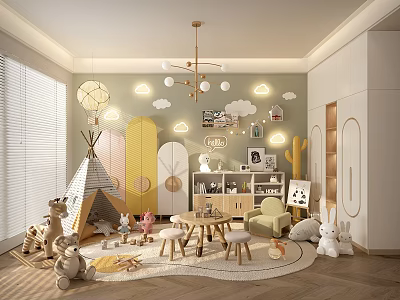 Kids Playroom Interior With Teepee Stuffed Animals Small Table Chairs Cloud Sun Decals And Bookshelf 3d model