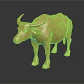 Golden Ox Sculpture With Shiny Surface Standing On Dark Background With Reflection
