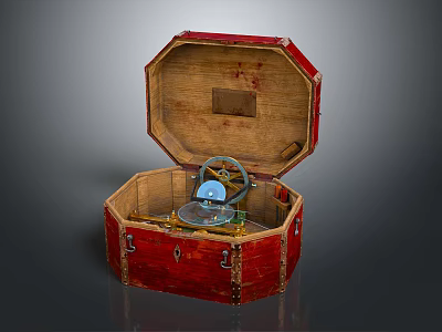 Open Red Octagonal Wooden Box With Inner Decorative Ornament Set 3d model