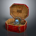 Open Red Octagonal Wooden Box With Inner Decorative Ornament Set
