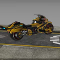 Futuristic Yellow And Black Motorcycle On Road With Yellow Lines And White Arrow