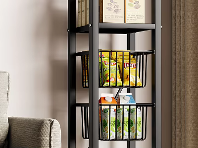 Living Room Interior with Black Metal Shelf Holding Snacks Drinks and Grey Sofa 3d model
