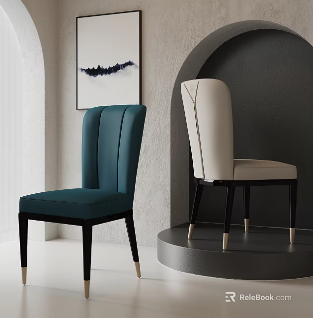 Modern Teal And Beige Upholstered Accent Chairs In Minimalist Arched Wall Interior 3d model 