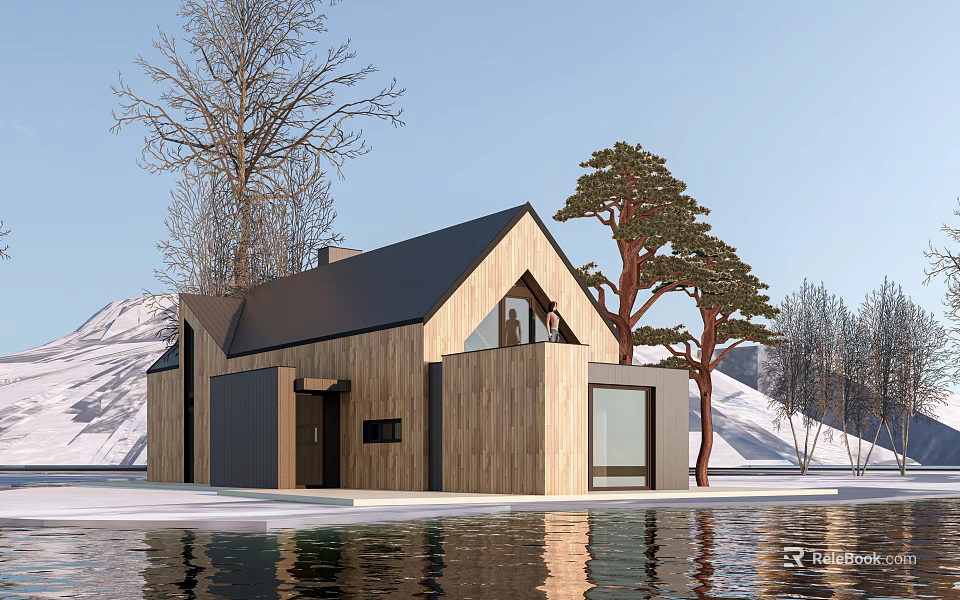 Modern Detached House With Wooden Exterior Large Windows And Waterfront Snowy Landscape Trees 3d model 