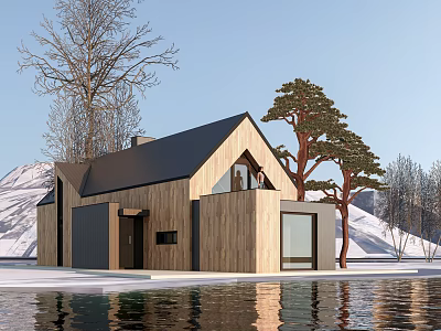 Modern Detached House With Wooden Exterior Large Windows And Waterfront Snowy Landscape Trees 3d model