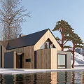 Modern Detached House With Wooden Exterior Large Windows And Waterfront Snowy Landscape Trees