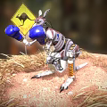 Kangaroo Robot Wearing Blue Boxing Gloves Near Kangaroo Warning Sign On Hay Bales