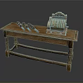 Antique Wooden Table With Vintage Cash Register And Glass Bottles