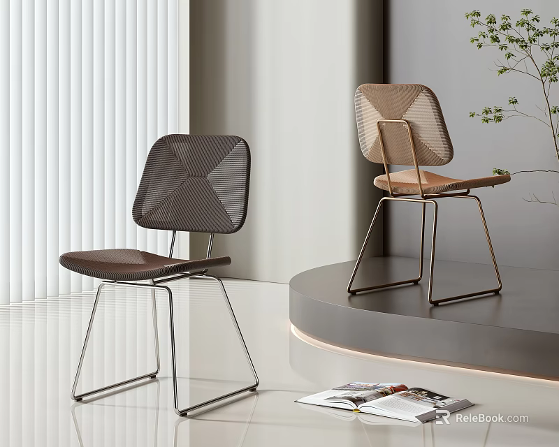 Modern Minimalist Single Chairs With Woven Mesh Seats And Metal Frames In Bright Interior 3d model 