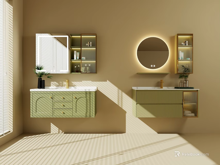 Modern Green Bathroom Cabinet With Illuminated Round Mirror And Storage Counter Top 3d model 