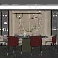 Modern Restaurant Interior With Round Dining Table Red Chairs Bamboo Pattern Wall And Wine Cabinets 3d model
