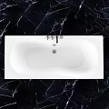 White Bathtub With Sleek Design And Faucet On Black Marble Background