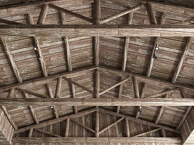 Rustic Wooden Ceiling With Truss Structure Details 3d model