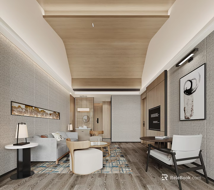 Modern Hotel Guest Room Interior With Wooden Ceiling Sofa Chair TV And Decorative Carpet 3d model 