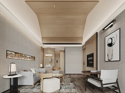 Modern Hotel Guest Room Interior With Wooden Ceiling Sofa Chair TV And Decorative Carpet 3d model
